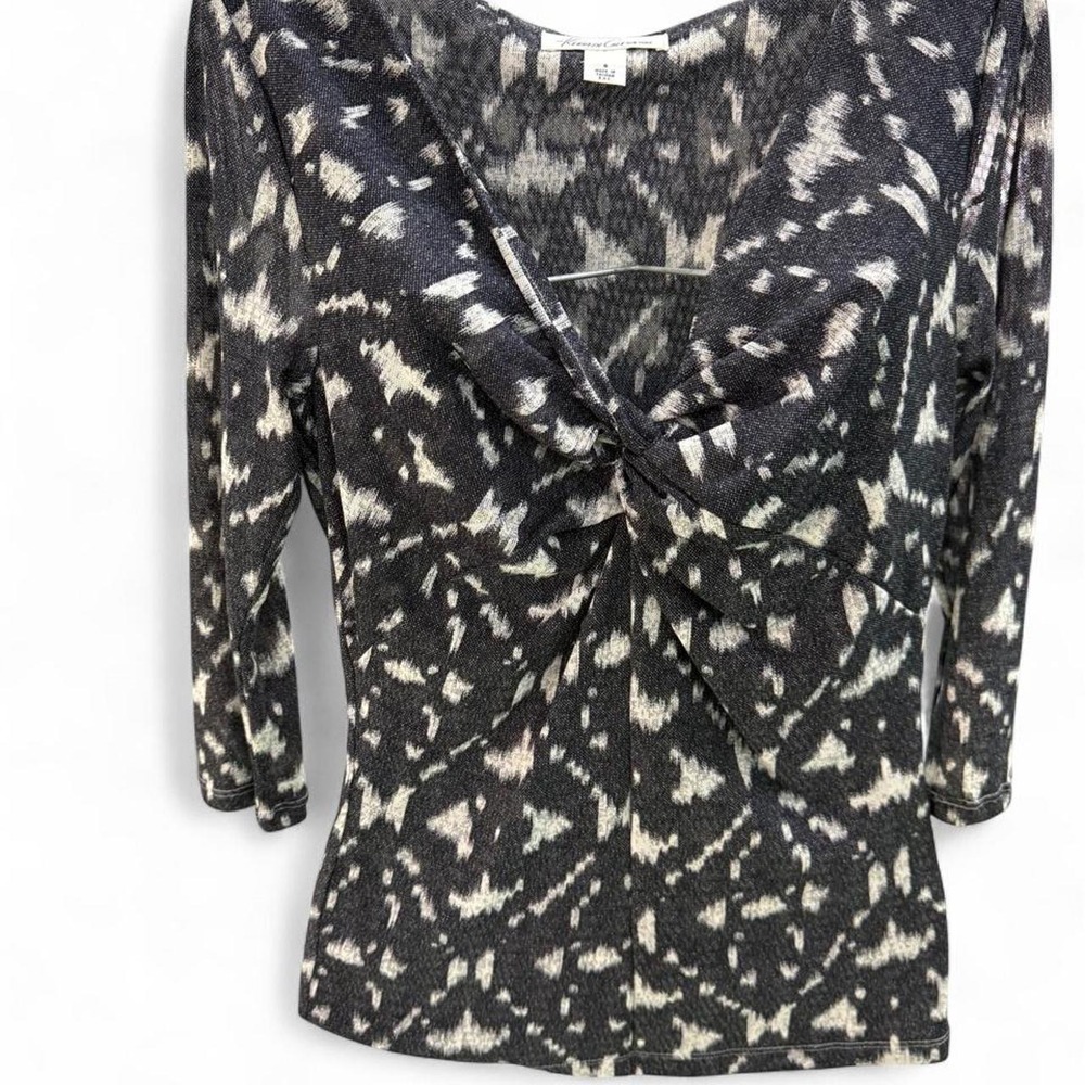 Kenneth Cole New York Womens Black White Tie Front Ikat V-Neck Top Size S